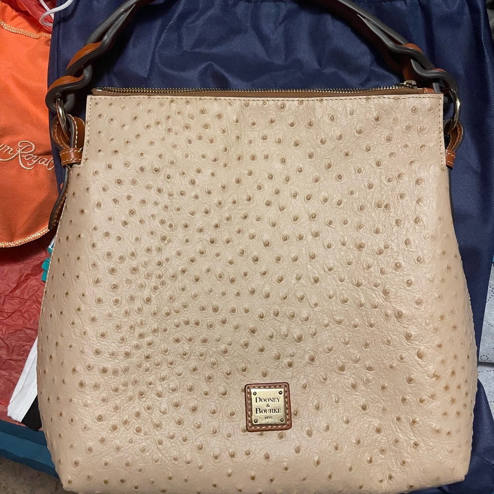 Dooney & Bourke Taupe Ostrich Twist Strap Hobo Bag - Picture 2 of 8